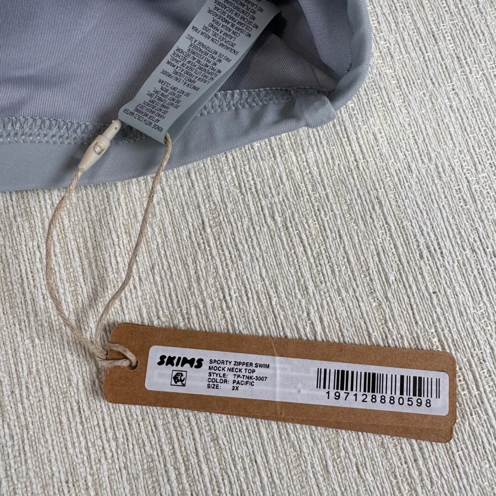 SKIMS Sporty Zipper Swim Mock Neck Top Pacific Blue Gray 2X TP-TNK-3007 NEW